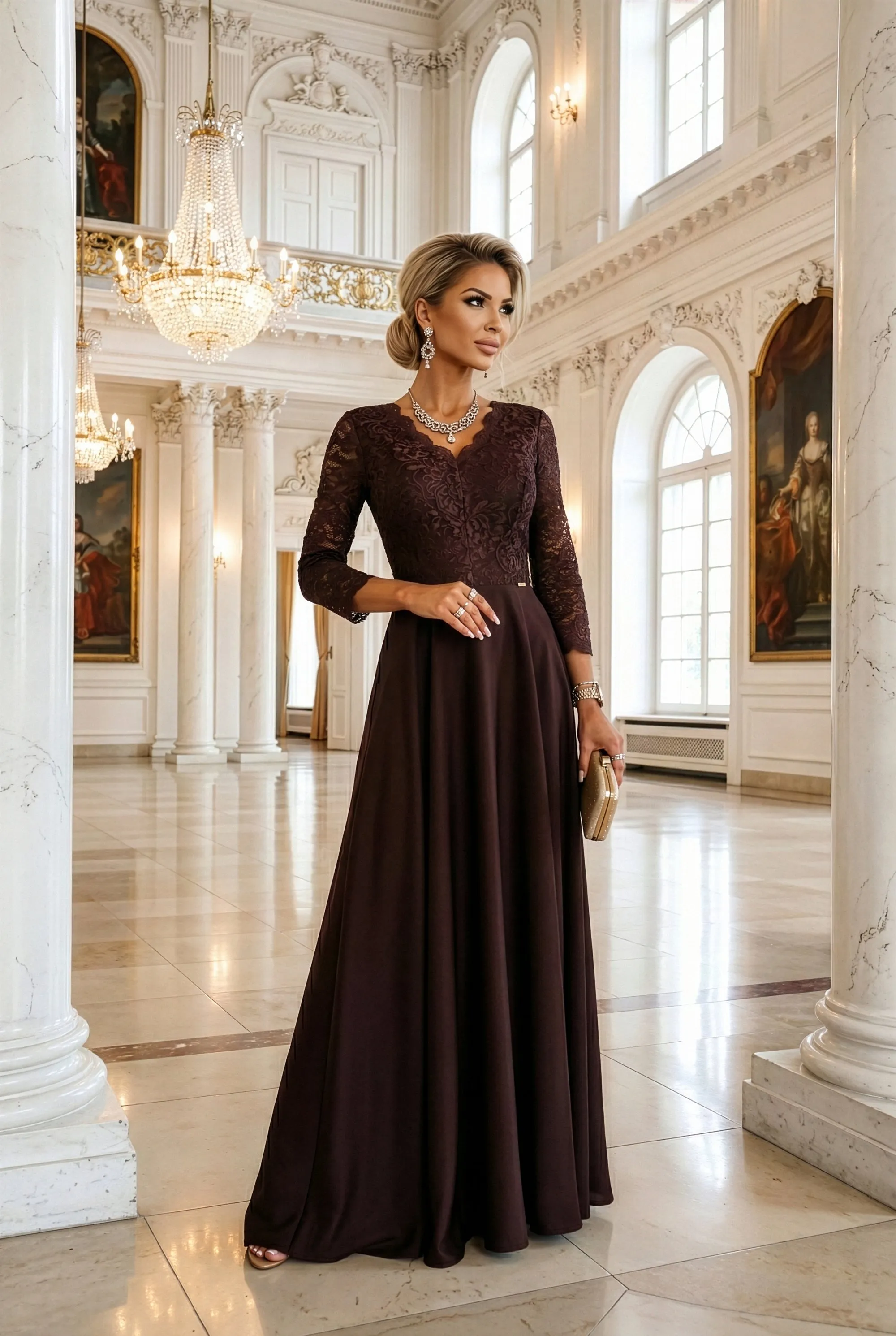 309-14 AMBER elegancka długa koronkowa suknia z dekoltem - czekolada