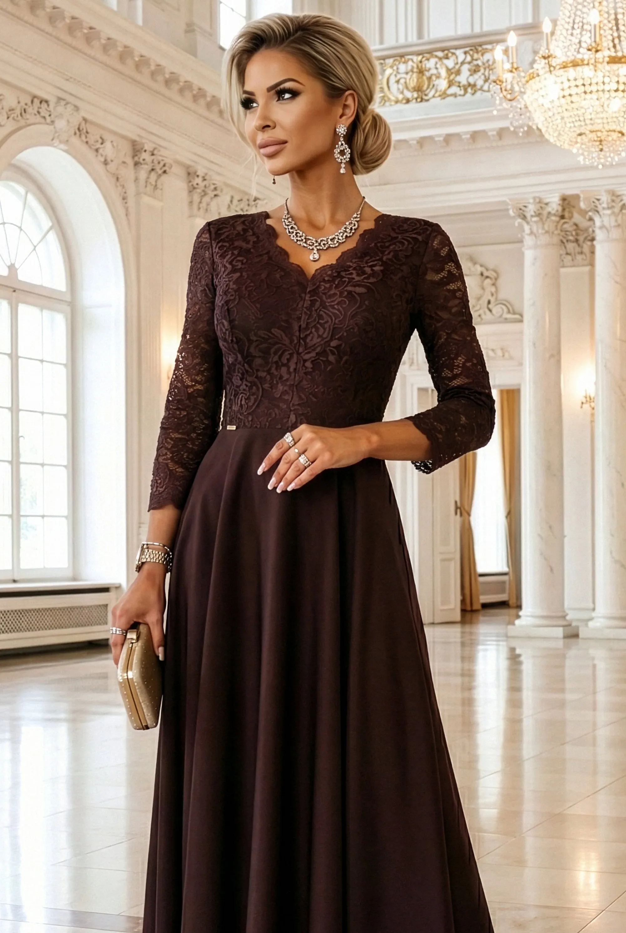309-14 AMBER elegancka długa koronkowa suknia z dekoltem - czekolada