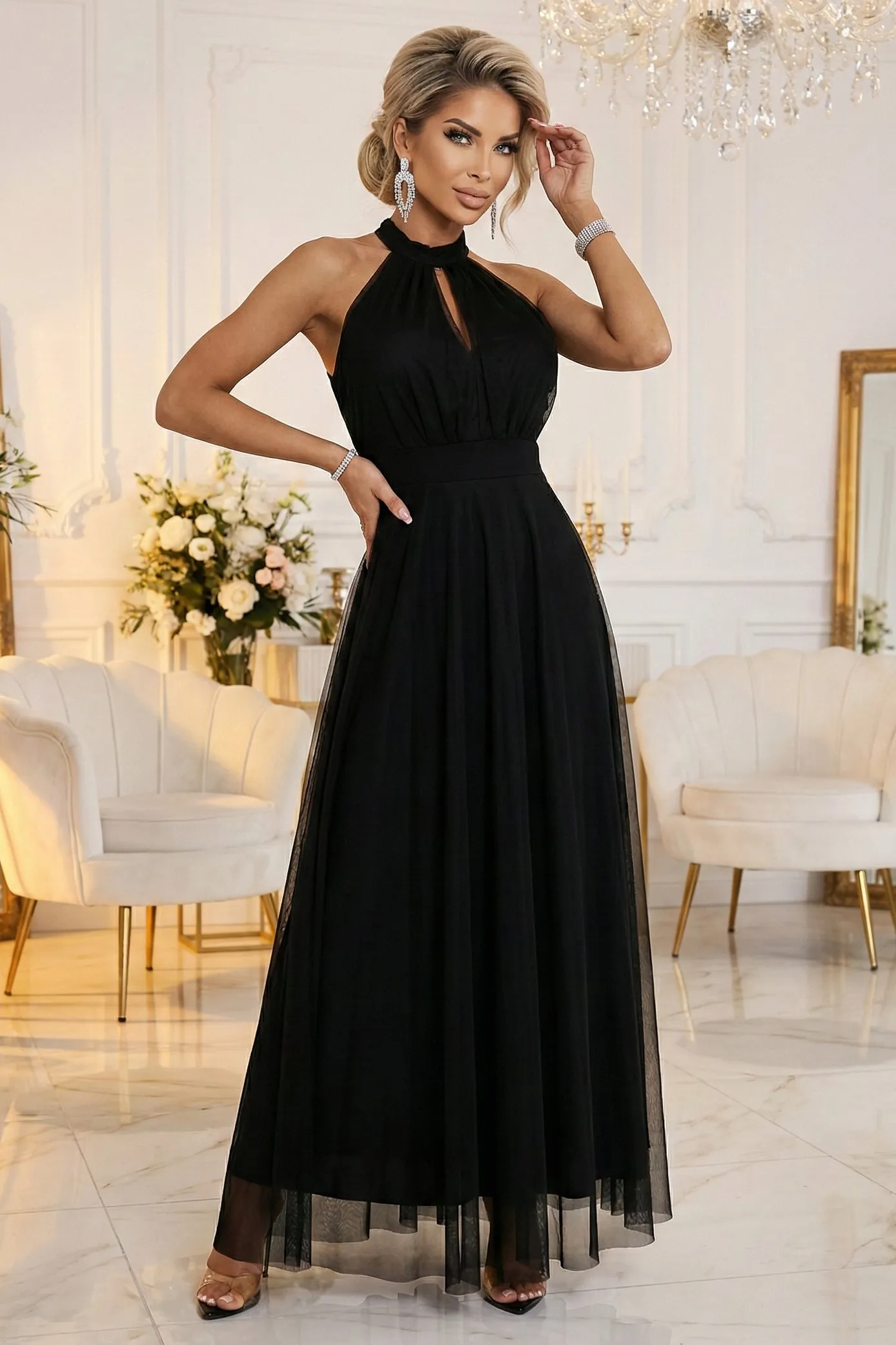 662-2 Elegancka sukienka wieczorowa maxi halter z tiulem i wiązaniem w talii - czarna