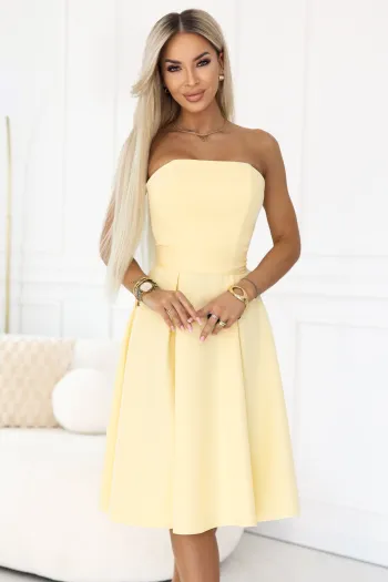 641-3 VIVIENNE gorsetowa rozkloszowana sukienka midi z paskiem - pastelowy żółty