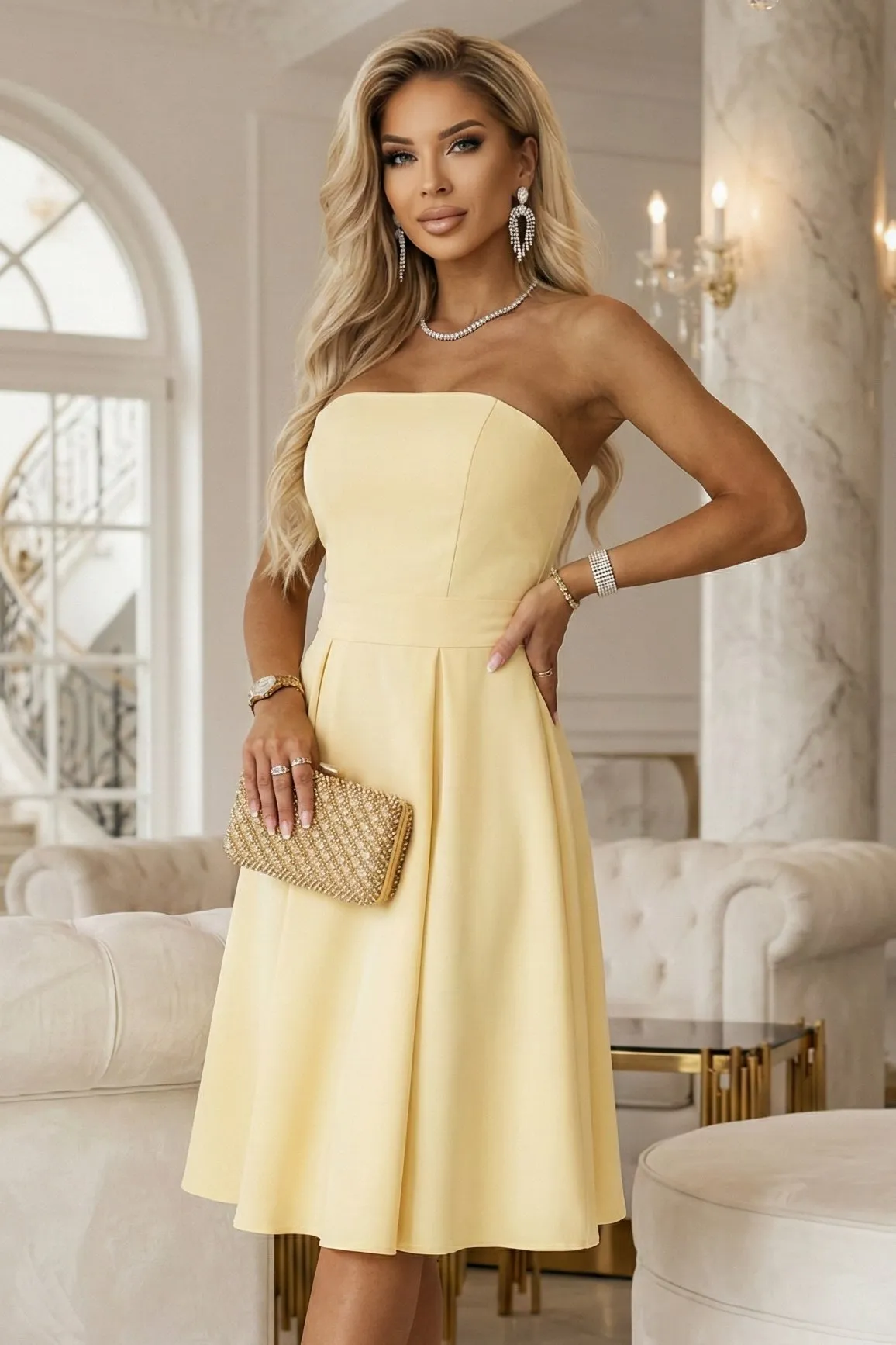641-3 VIVIENNE gorsetowa rozkloszowana sukienka midi z paskiem - pastelowy żółty