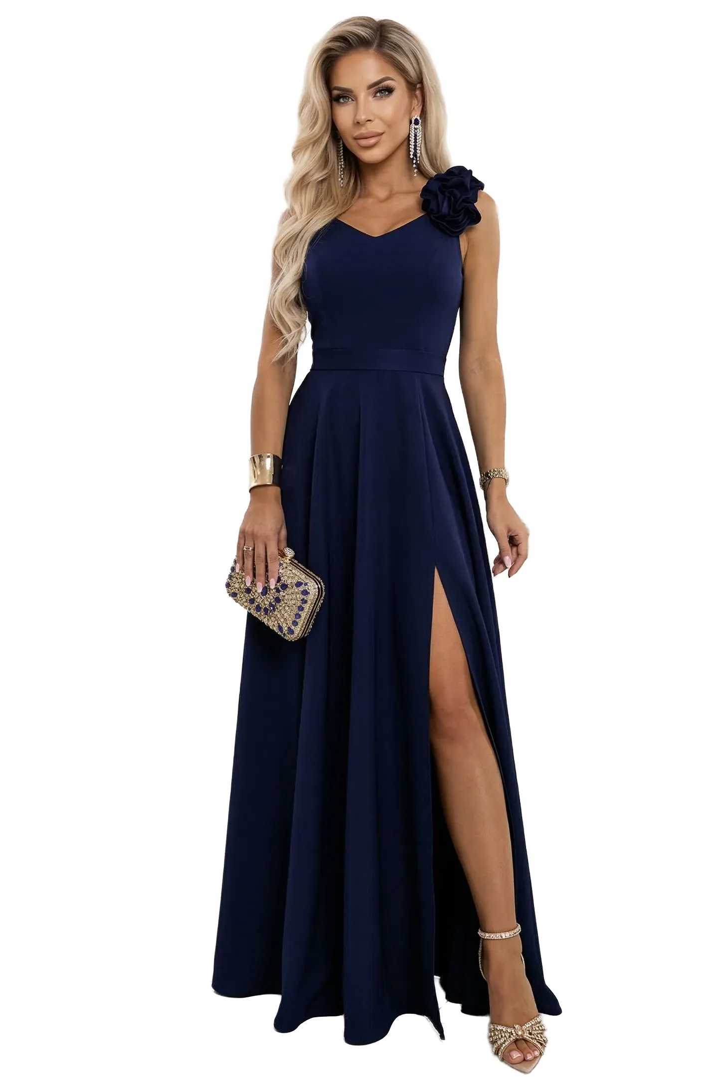 643-4 Elegancka wieczorowa suknia maxi z rozcięciem i różami - granatowa