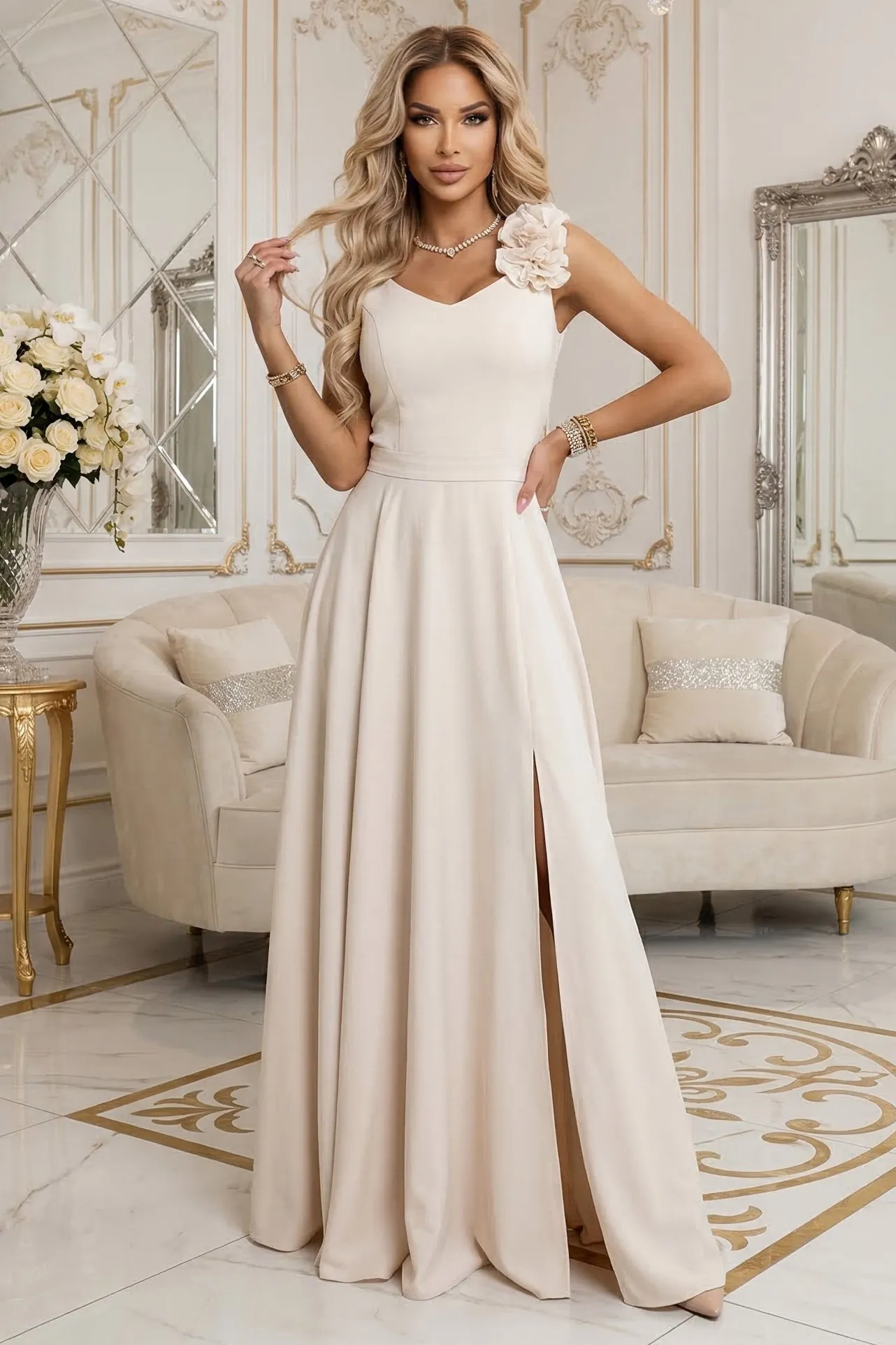 643-3 Elegancka wieczorowa suknia maxi z rozcięciem i różami - beżowa
