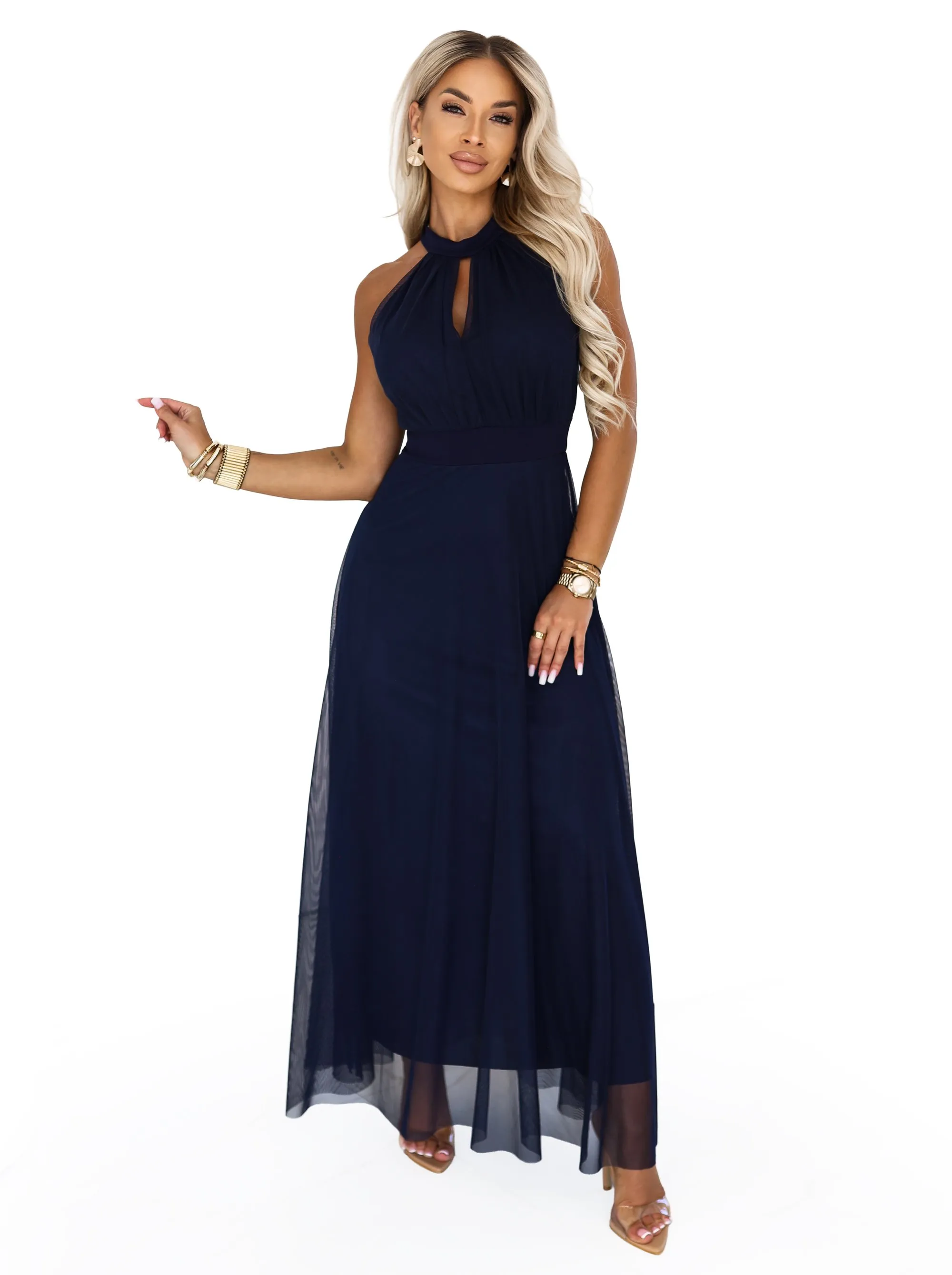 662-3 Elegancka sukienka wieczorowa maxi halter z tiulem i wiązaniem w talii - granatowa