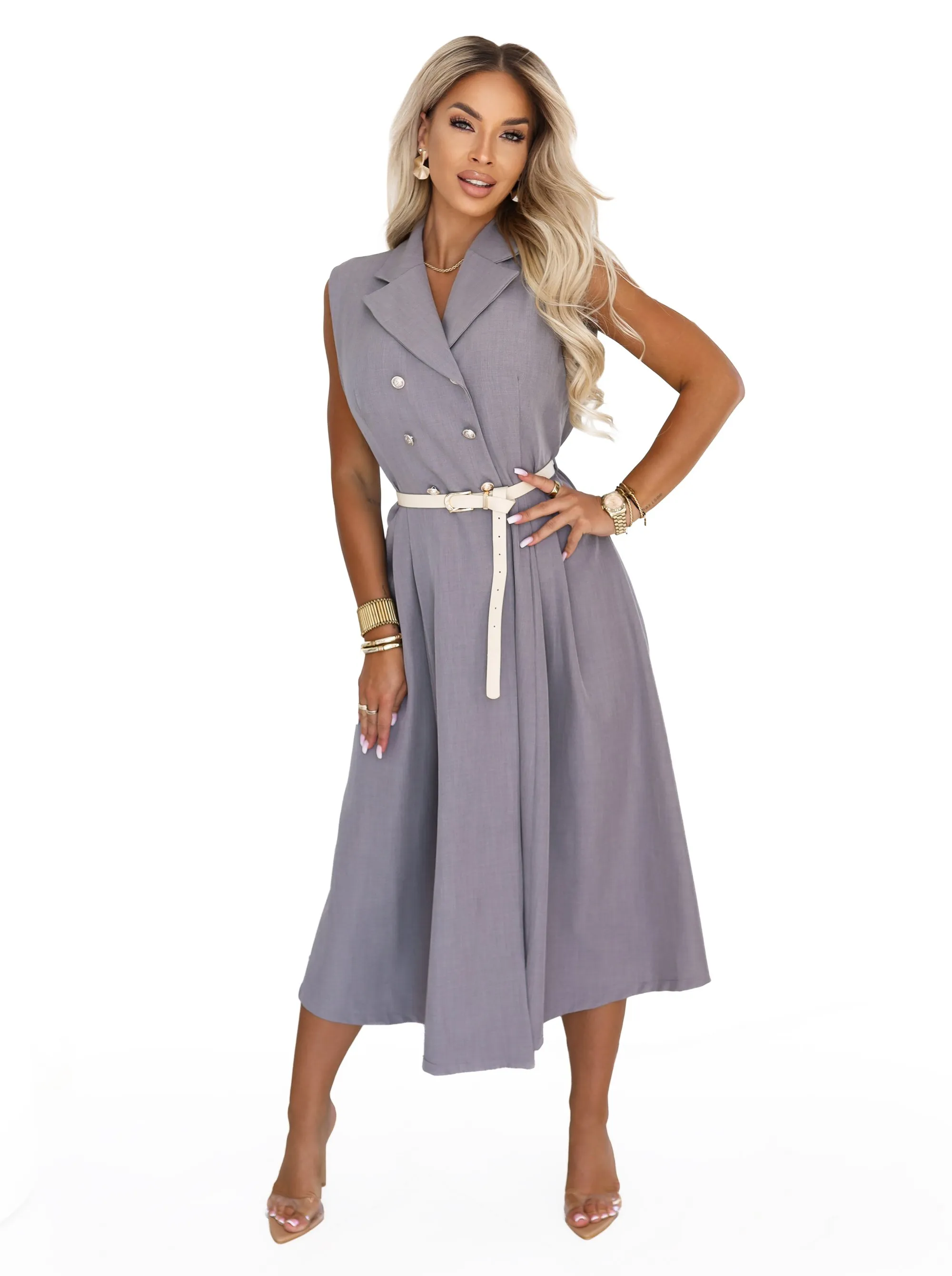 596-5 Elegancka szmizjerka midi ze złotymi guzikami i paskiem - szara