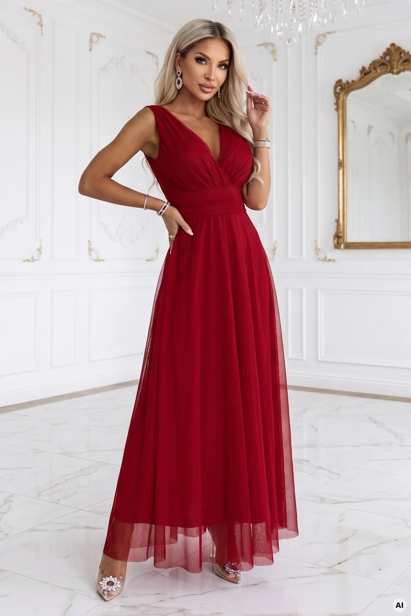 687-2 Elegancka sukienka maxi z kopertowym dekoltem i odkrytymi plecami - jasne bordo