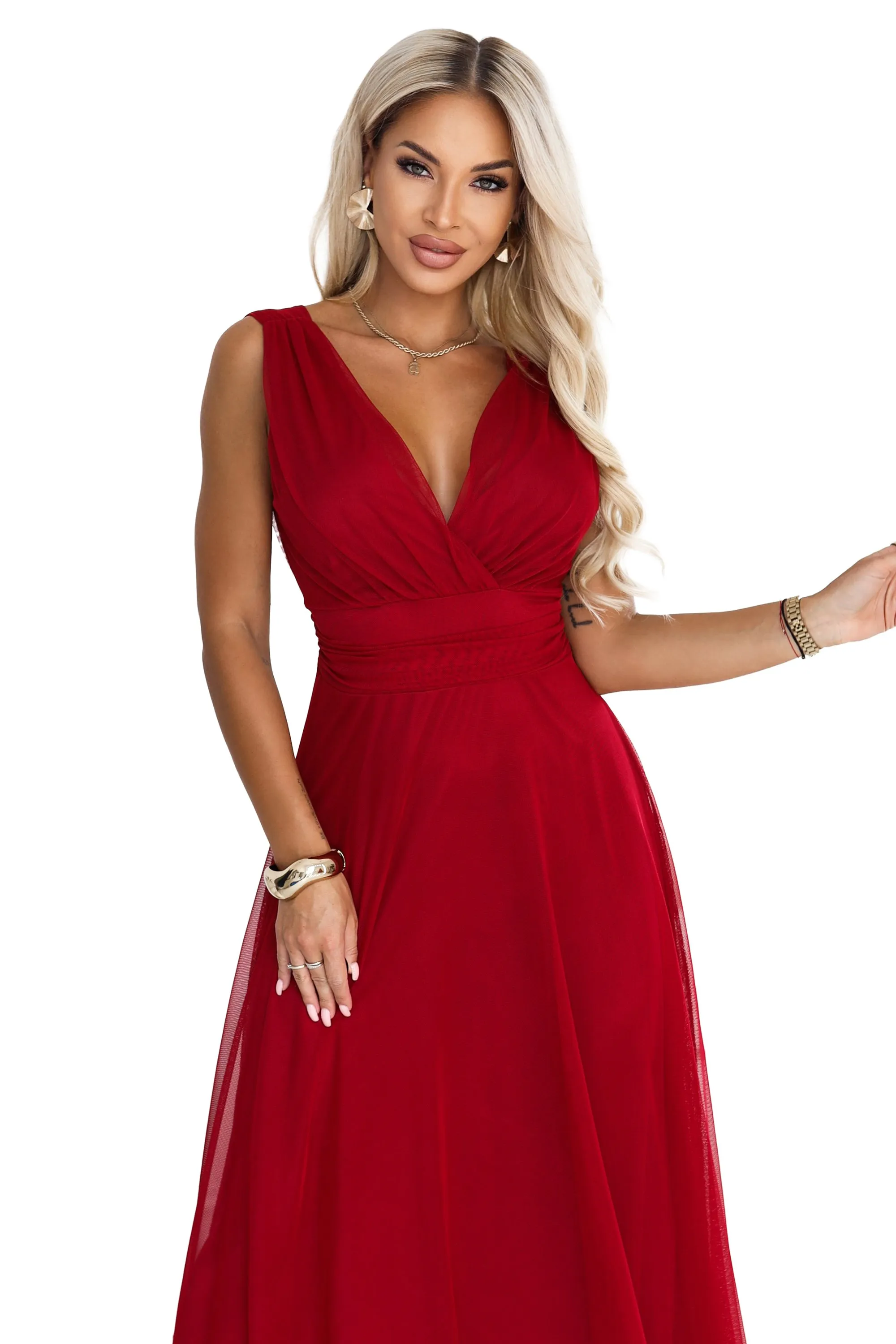 687-2 Elegancka sukienka maxi z kopertowym dekoltem i odkrytymi plecami - jasne bordo
