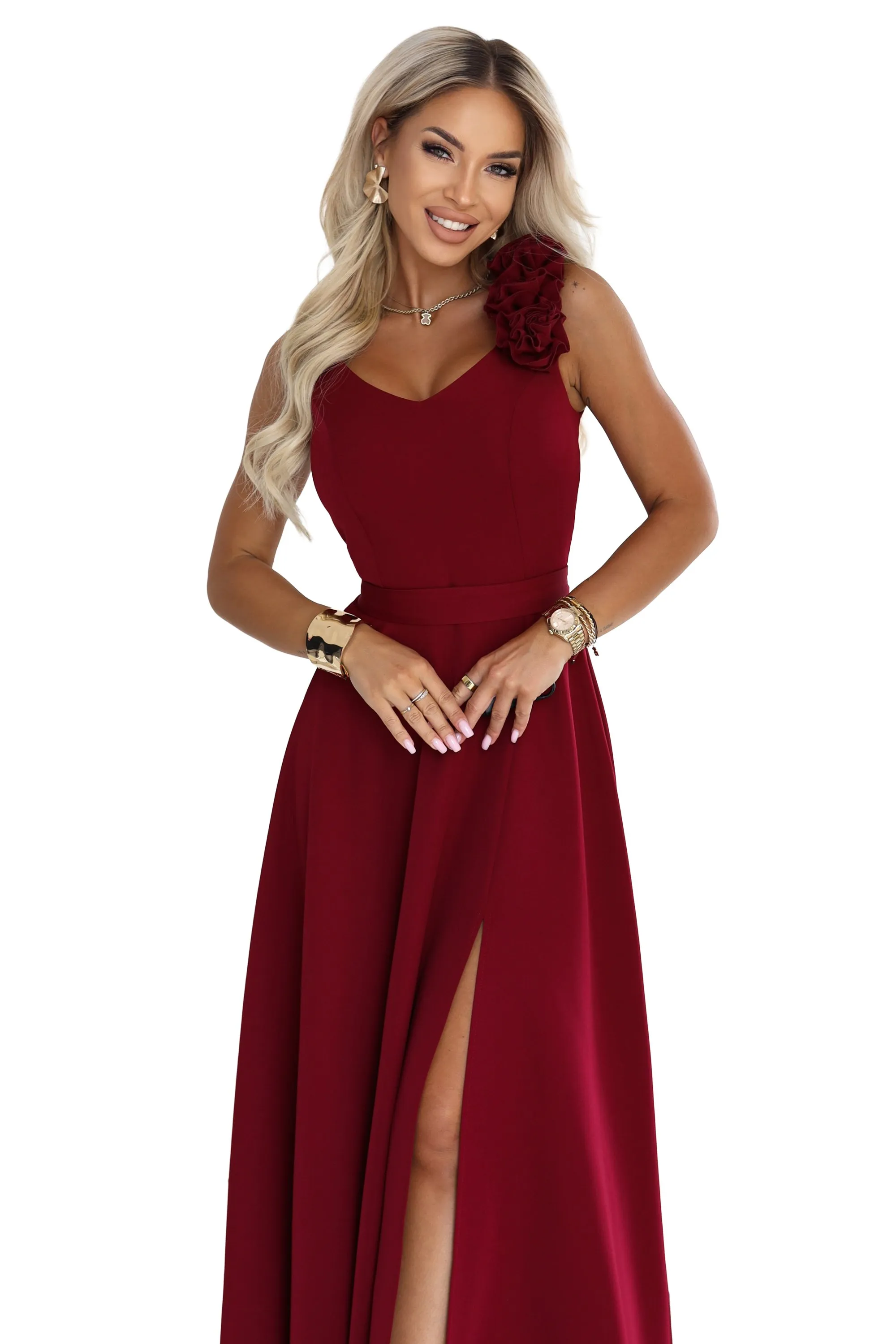 643-9 Elegancka wieczorowa suknia maxi z rozcięciem i różami - bordowa