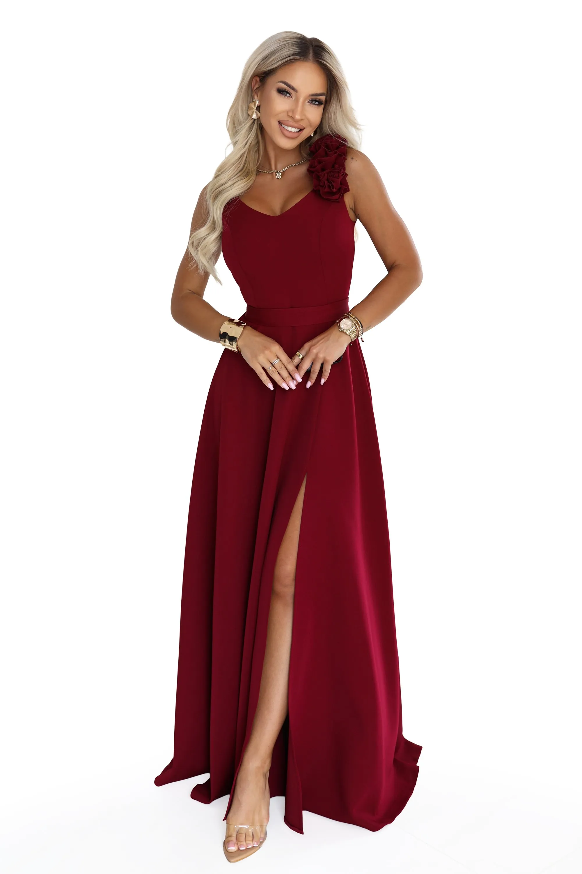 643-9 Elegancka wieczorowa suknia maxi z rozcięciem i różami - bordowa