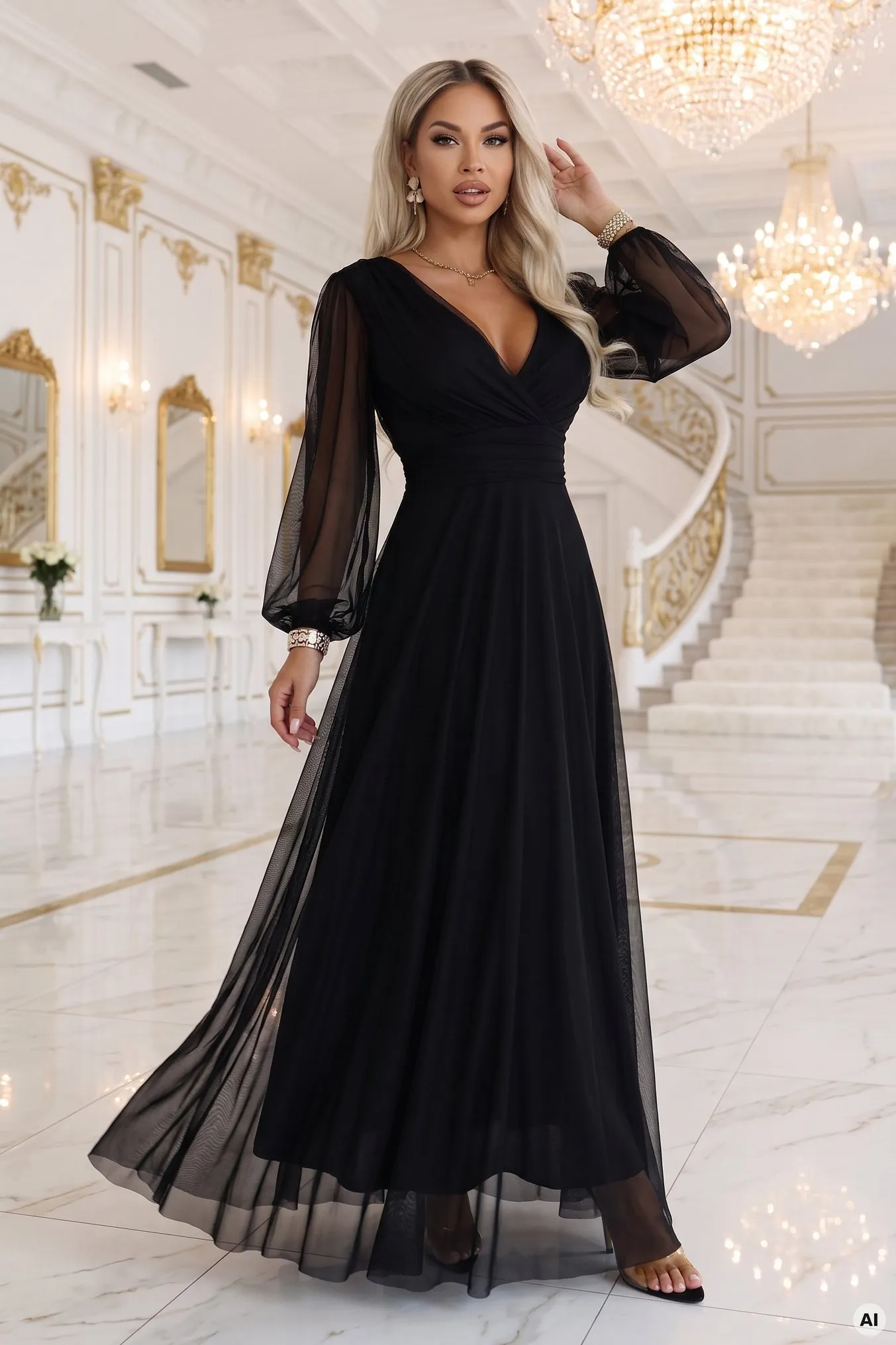 684-4 NERISSA elegancka tiulowa sukienka maxi z kopertowym dekoltem - czarna
