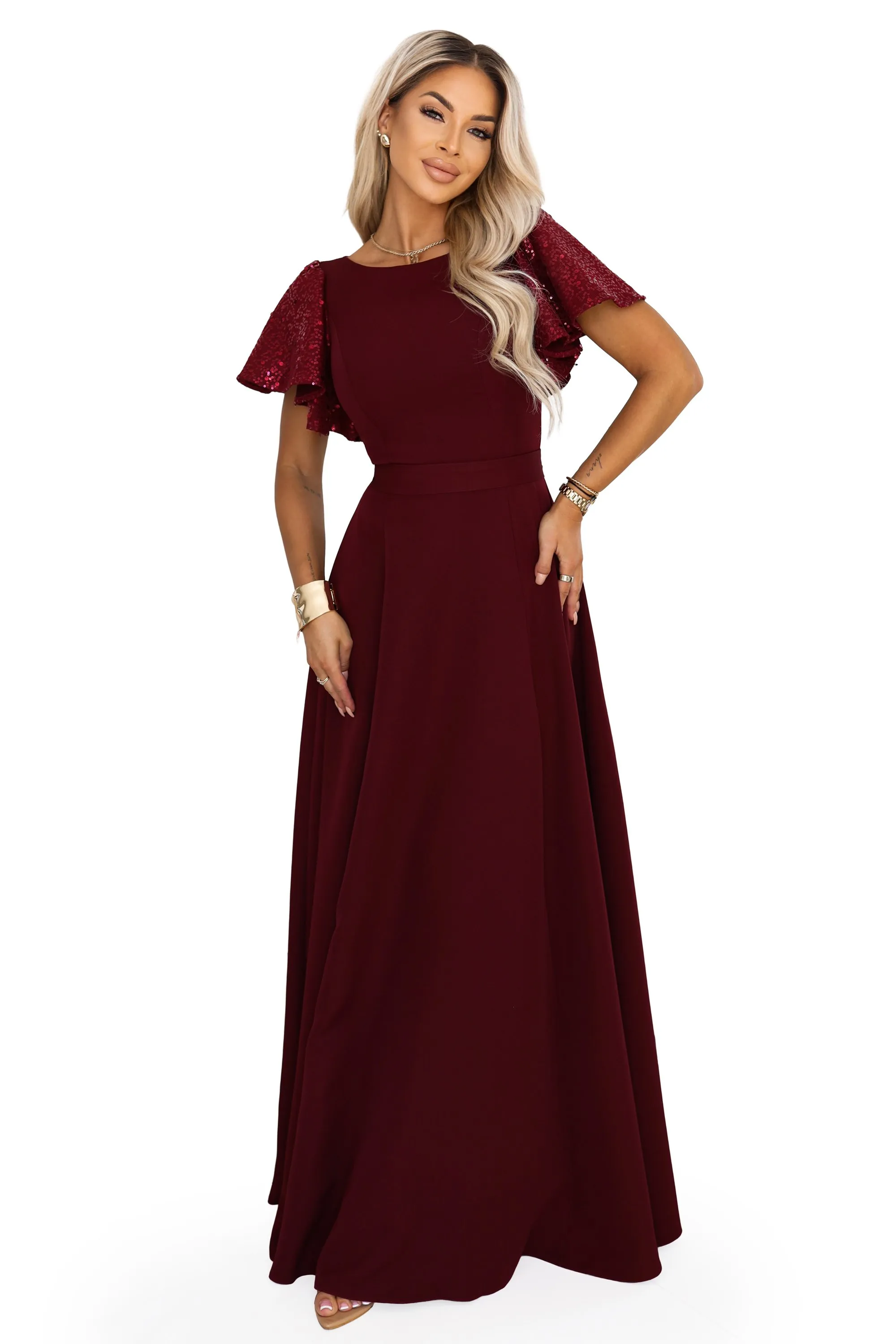 694-3 MIRELLA Elegancka rozkloszowana sukienka maxi z cekinowymi rękawami - bordowa