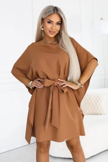 287-49 SOFIA Kobieca sukienka typu motyl z wiązaniem w pasie - toffi