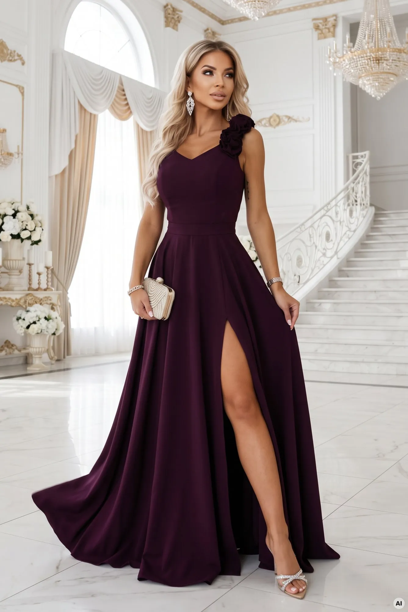 643-11 Elegancka wieczorowa suknia maxi z rozcięciem i różami - dojrzała śliwka