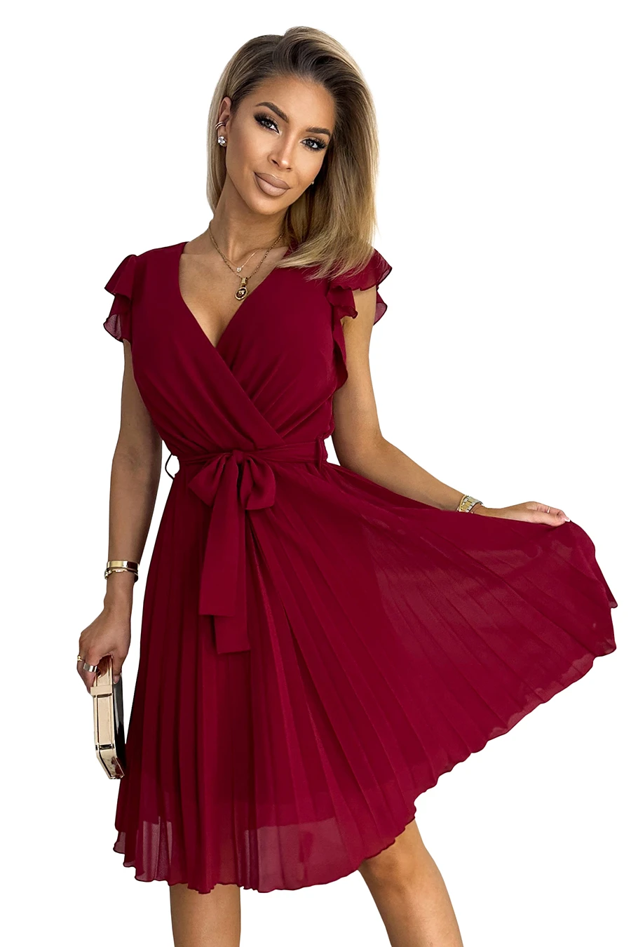 374-2 POLINA Plisowana sukienka z dekoltem i falbankami - BORDOWA