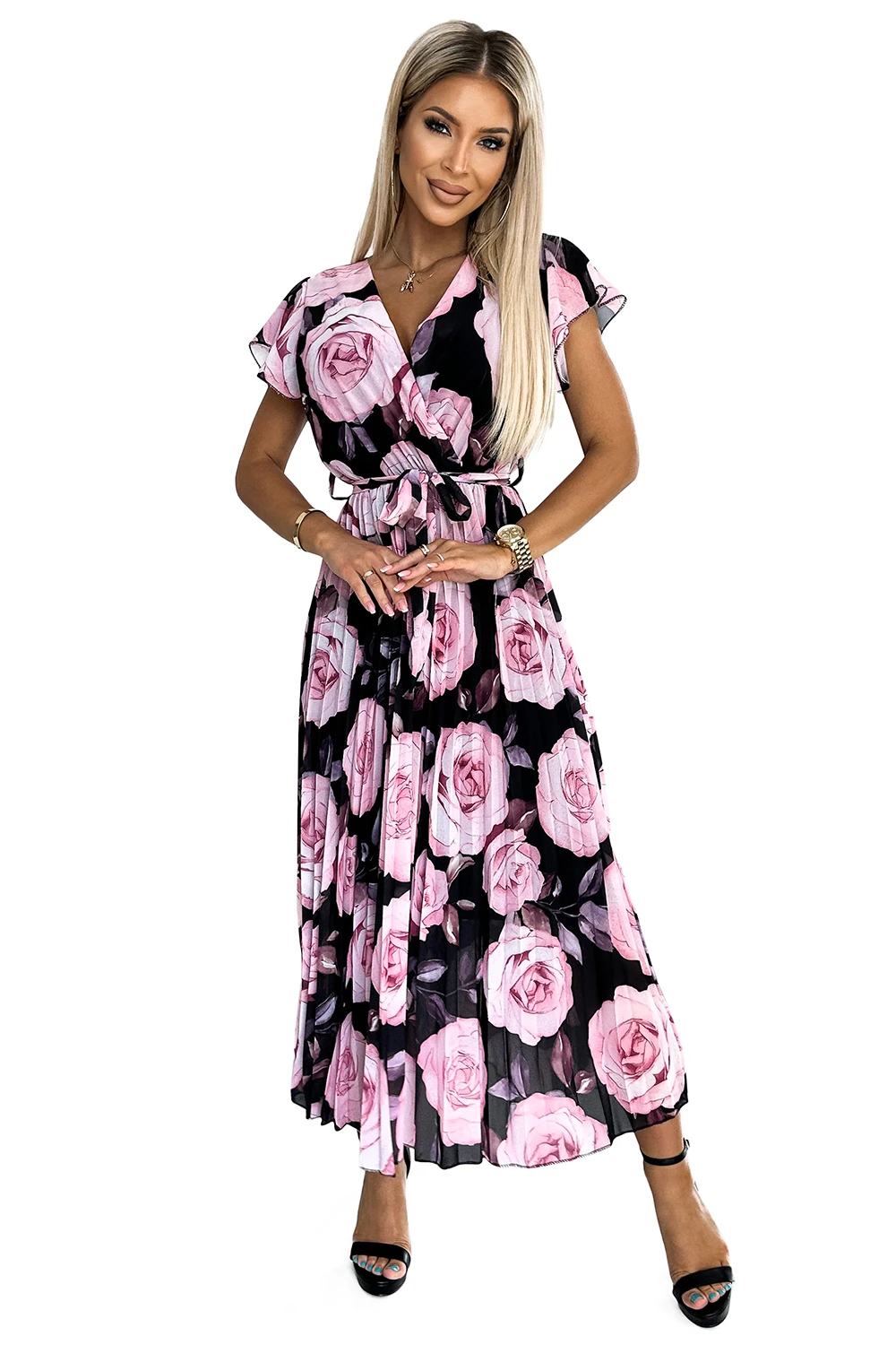 434-3 LISA Plisowana sukienka  midi z dekoltem i falbankami - duże róże na czarnym tle