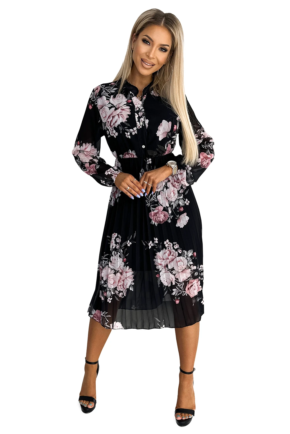 449-3 CARLA Plisowana sukienka midi z guziczkami i długim rękawkiem - RÓŻE na czarnym tle