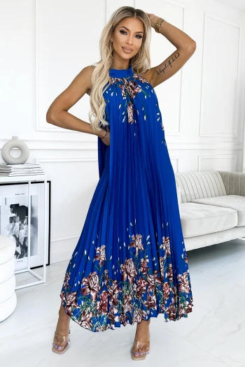 456-1 ESTER Plisowana satynowa sukienka maxi - CHABROWA W KWIATY